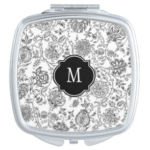 Black & White Floral Monogram Compact Mirror