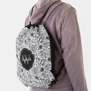 Black White Floral Monogram Drawstring Bag