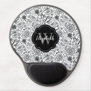 Black White Floral Monogram Mouse Gel Mouse Pad