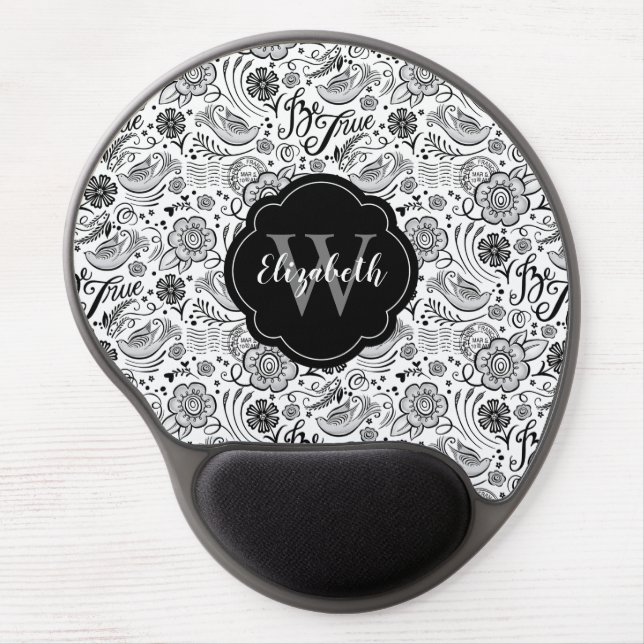 Black White Floral Monogram Mouse Gel Mouse Pad (Front)