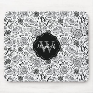 Black White Floral Monogram Mouse Pad