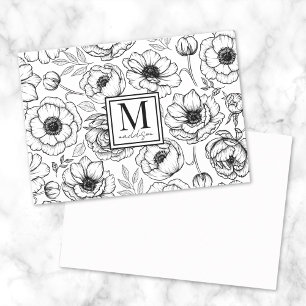 Black White Floral Monogram Note Card