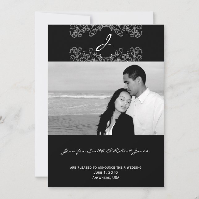 Black White Floral Monogram Wedding Invitation (Front)