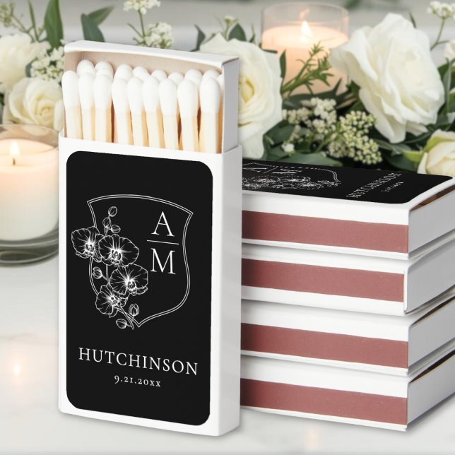 Black White Floral Monogram Wedding Matchboxes (Black White Monogram Wedding Matchboxes)