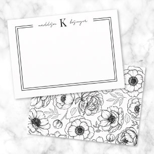 Black White Floral Name Monogram Note Card