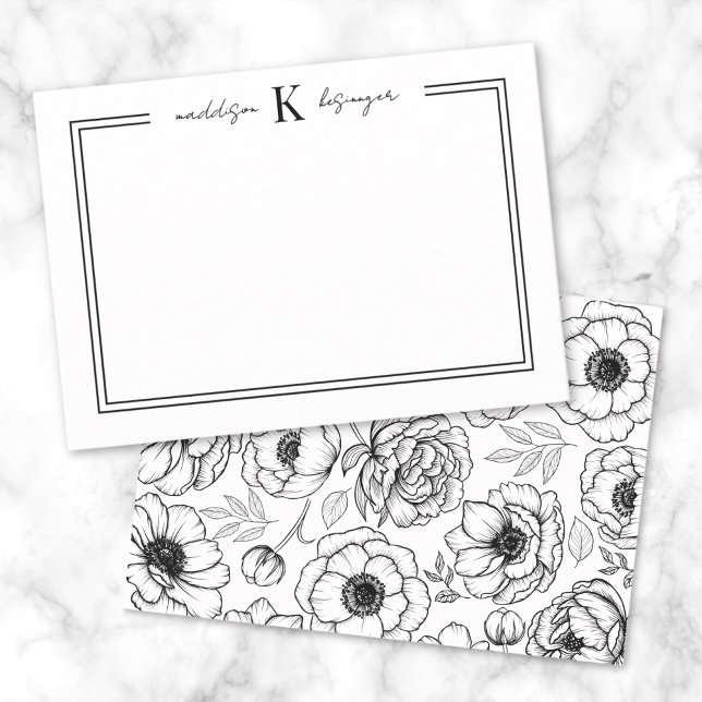 Black White Floral Name Monogram Note Card (Black White Floral Name Monogram Note Card )
