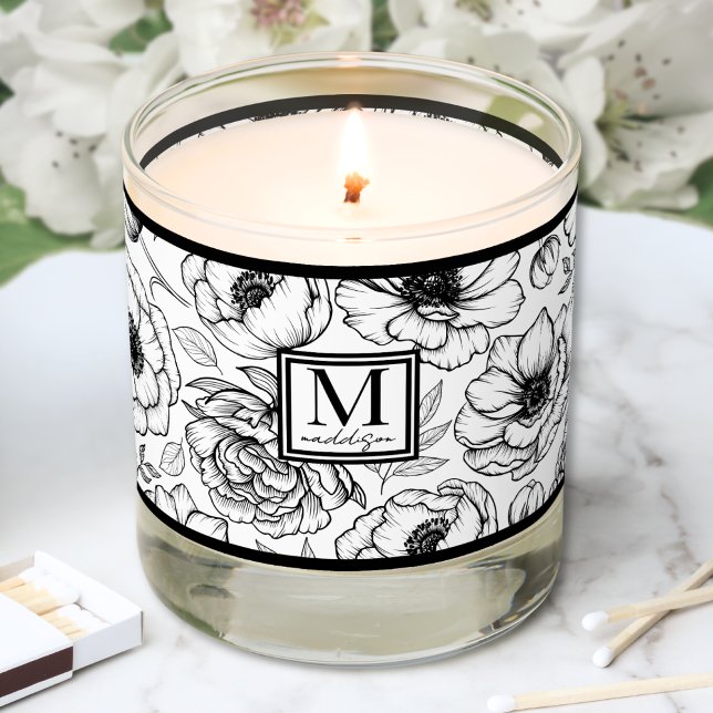 Black White Floral Name Monogram Scented Candle (Black White Floral Name Monogram Scented Candle)