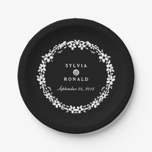 Black  White Floral Names Wedding Plates