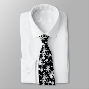 black white floral neck tie
