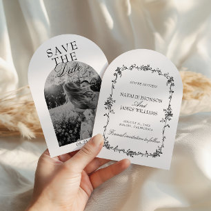 Black White Floral Old Money Photo Arched Wedding Save The Date
