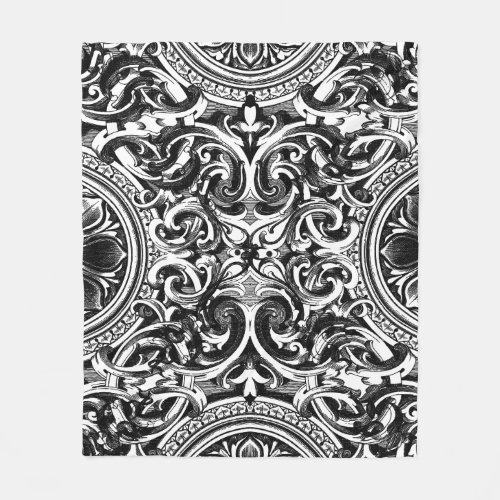 Black  White Floral Ornament Baroque Style Fleece Blanket