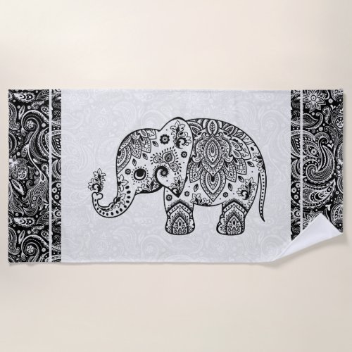 Black  White Floral Paisley Elephant Beach Towel