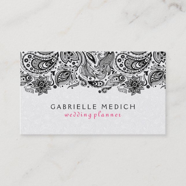 Black & White Floral Paisley Lace Business Card (Front)