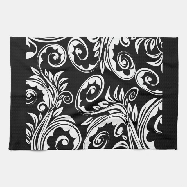 Black white floral paisley pattern towel (Horizontal)