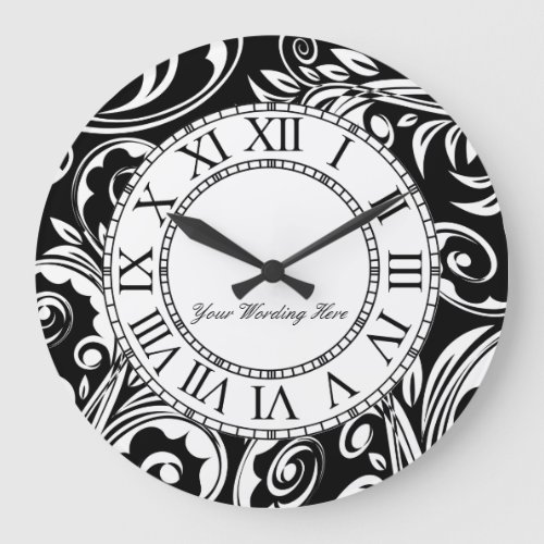 Black white floral paisley roman numeral modern large clock