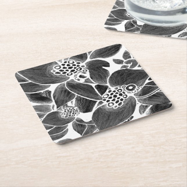 Black White floral Paper Coaster (Angled)