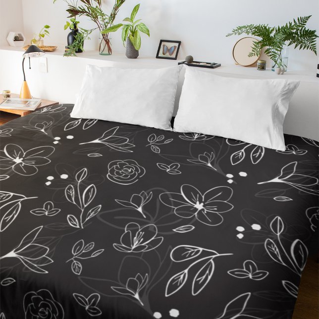 Black White Floral Pattern Minimalist Modern Duvet Cover (Modern Black and white minimalist duvet cover. 
*pillow cases not included)