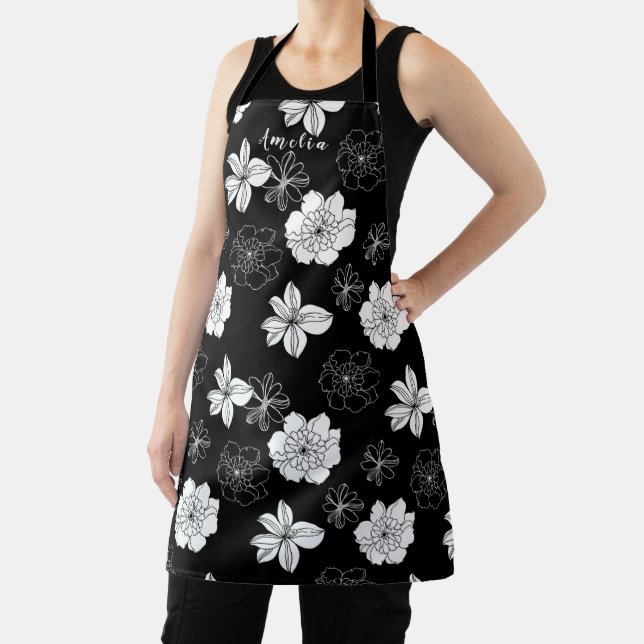 Black & White Floral Pattern Monogram  Apron (Insitu)