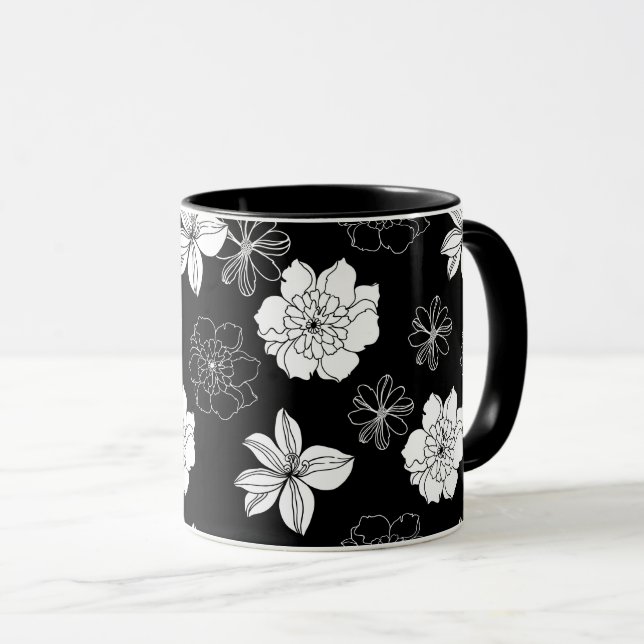 Black & White Floral Pattern  Mug (Front Right)