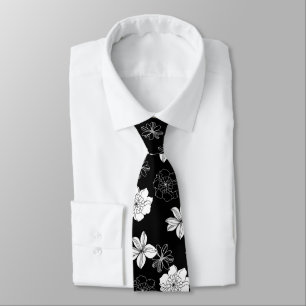 Black & White Floral Pattern Neck Tie