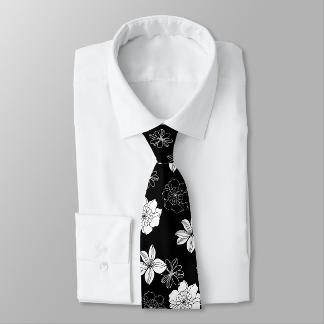 Black & White Floral Pattern Neck Tie (Tied)