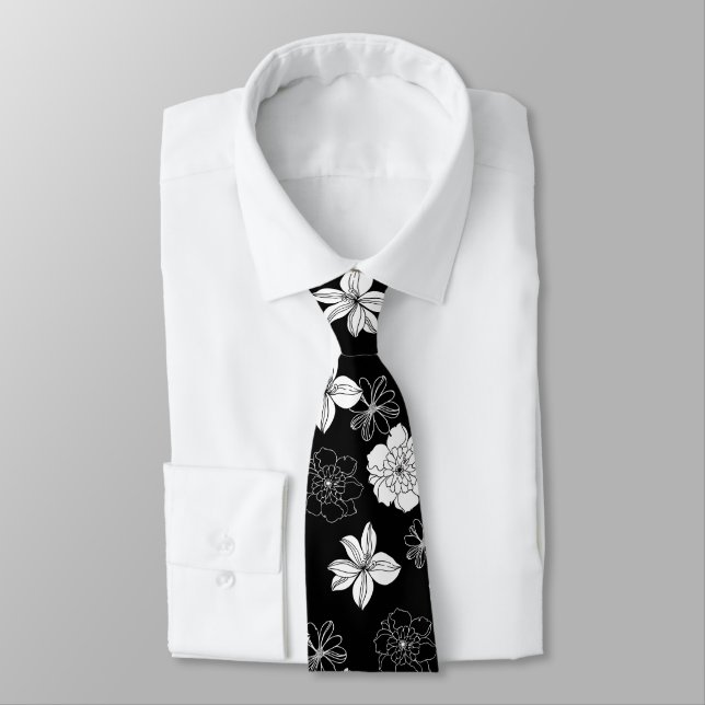 Black & White Floral Pattern Neck Tie (Tied)