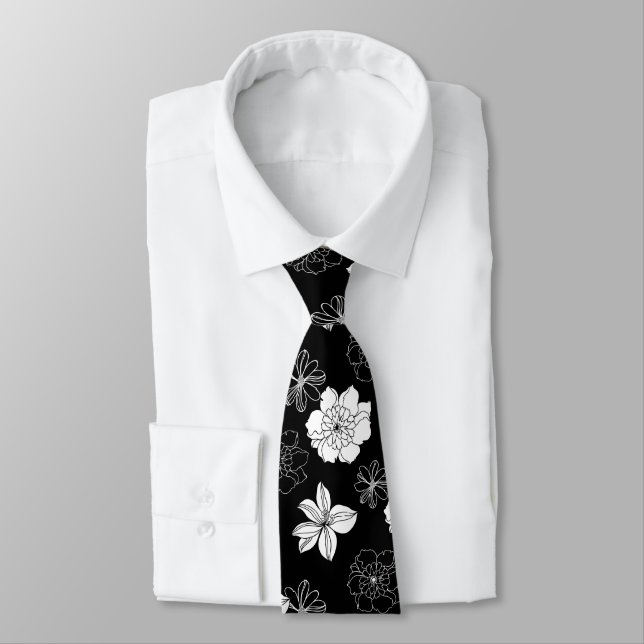 Black & White Floral Pattern Neck Tie (Tied)