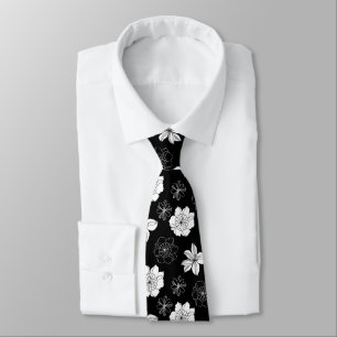 Black & White Floral Pattern Neck Tie