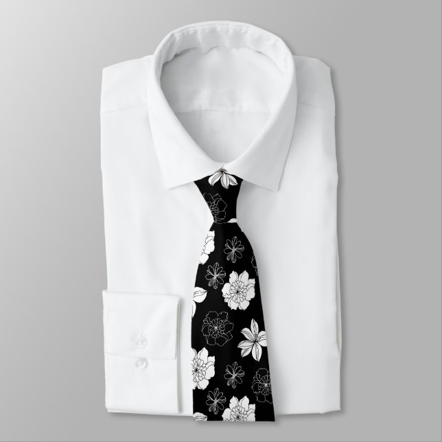 Black & White Floral Pattern Neck Tie (Tied)