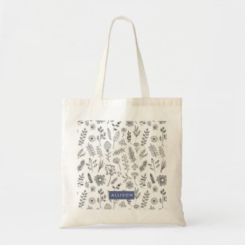Black White Floral Pattern Personalized Name Tote Bag by Lovewhatwedo at Zazzle