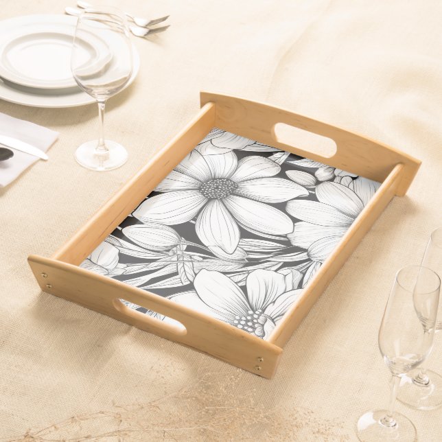 Black & White Floral Pattern Serving Tray (Front)