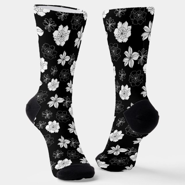 Black & White Floral Pattern Socks (Angled)