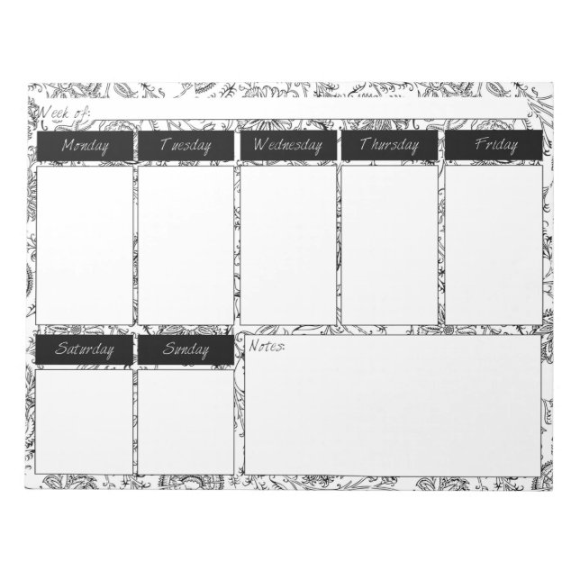 Black & White Floral Pattern Weekly Planner Pad (Front)