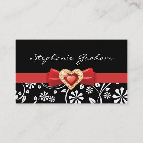 Black white floral pattern with red bow and jewel business card