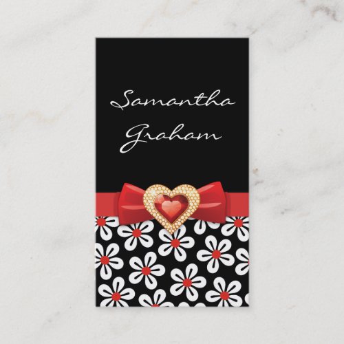 Black white floral pattern with red bow and jewel business card