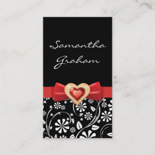 Black white floral pattern with red bow and jewel business card