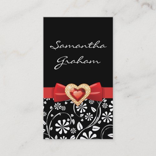 Black white floral pattern with red bow and jewel business card