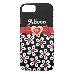 Black white floral pattern with red bow and jewel iPhone 8/7 case