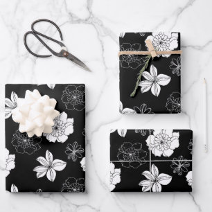 Black & White Floral Pattern Wrapping Paper Sheets