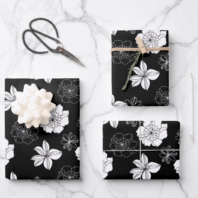 Black & White Floral Pattern Wrapping Paper Sheets (Front)
