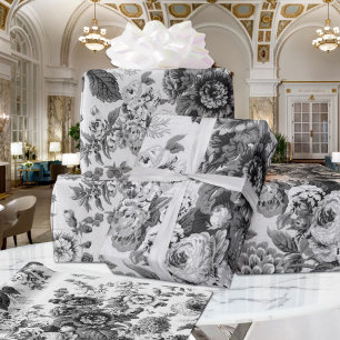 Black & White Floral Peonies Dahlias Asters Roses Wrapping Paper Sheets