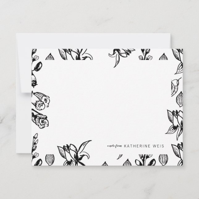 Black & White Floral Personalized Stationery Note Card (Front)