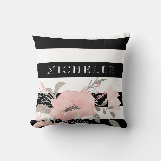 Black | White Floral Personalized Throw Pillow (Front)