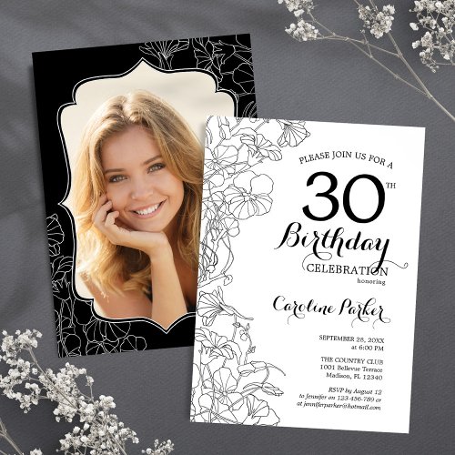 Black White Floral Photo 30th Birthday Party Invitation