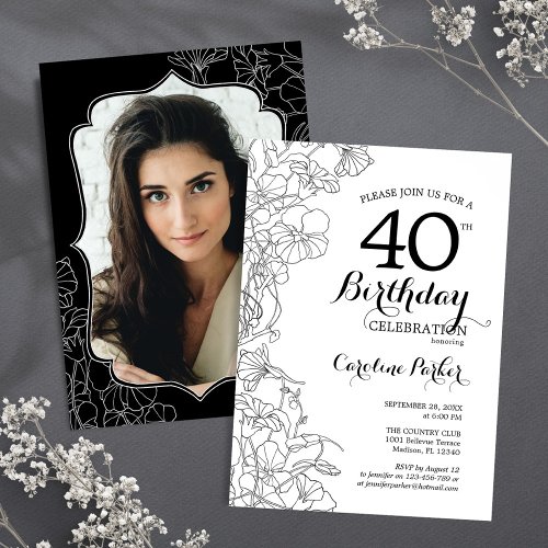 Black White Floral Photo 40th Birthday Party Invitation