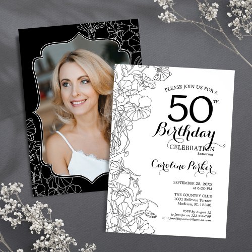 Black White Floral Photo 50th Birthday Party Invitation