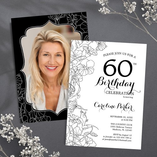 Black White Floral Photo 60th Birthday Party Invitation