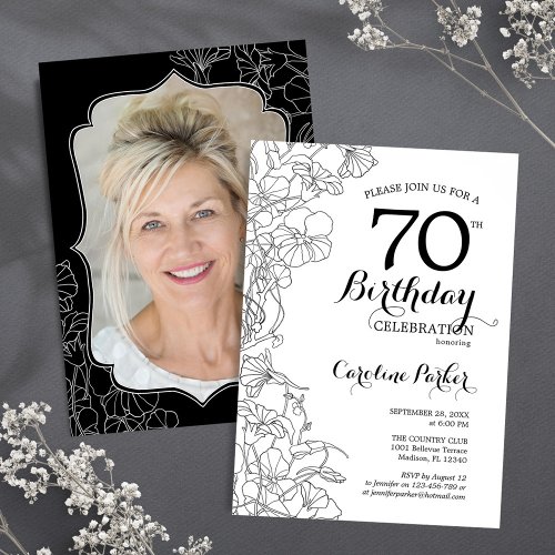 Black White Floral Photo 70th Birthday Party Invitation