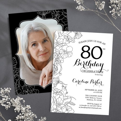 Black White Floral Photo 80th Birthday Party Invitation