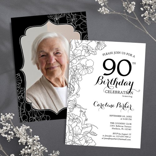 Black White Floral Photo 90th Birthday Party Invitation